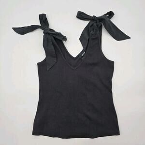 Anthropologie Top Womens Small Black Tank Bow Tie Shoulder Ribbed Maeve